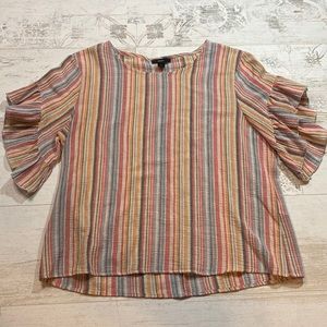 DREW Anthropologie Agave Multi Striped Ruffle Sleeve Top